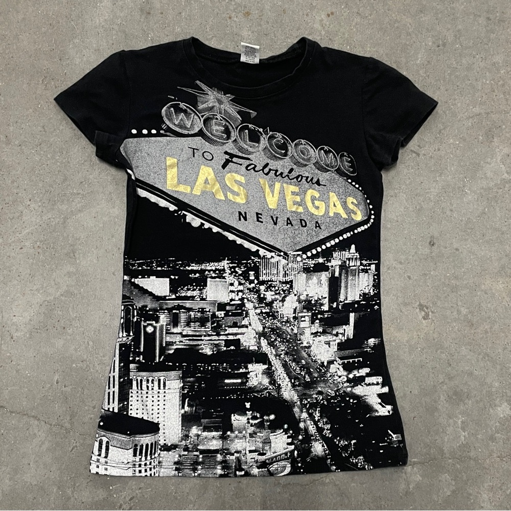 Y2K 2000s Woman’s Zette Las Vegas Nevada Front Print Blouse Size Medium Black